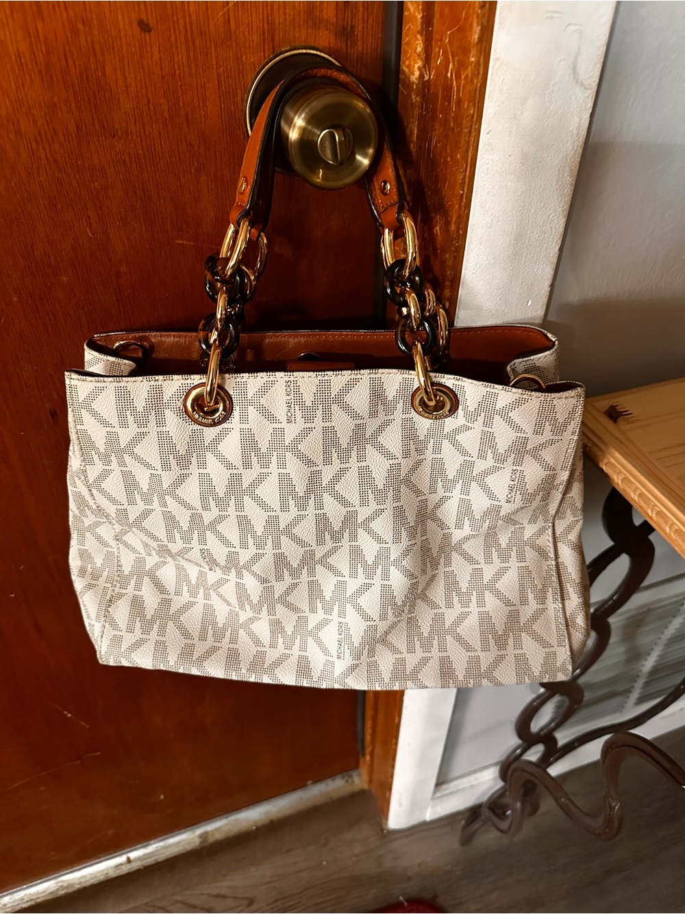 Michael Kors Cream and Brown MK Logo Tote with Chain-Link Handles